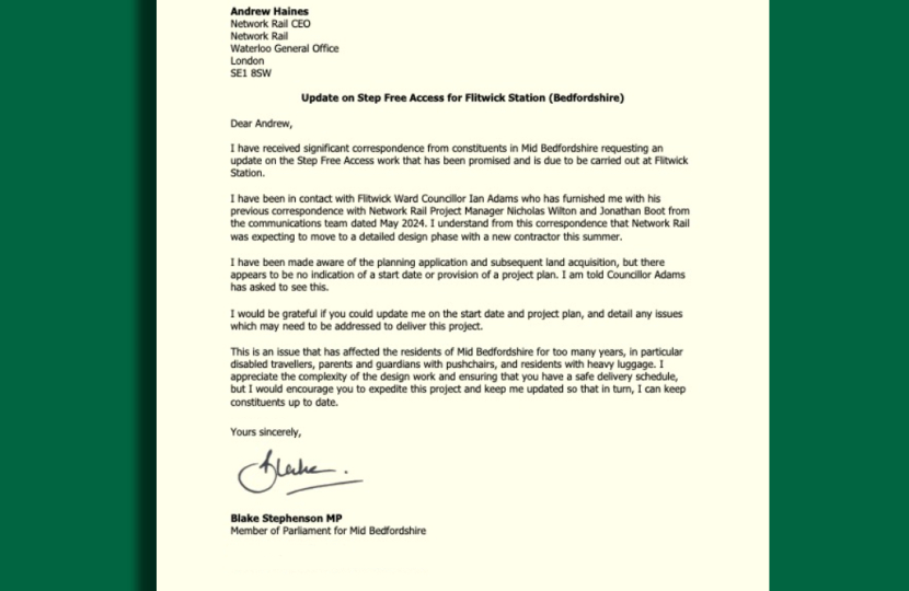 Blake Stephenson MP's letter on Flitwick station step-free access