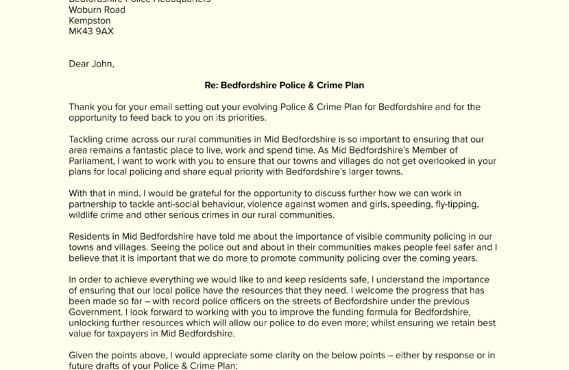 Blake Stephenson MP's letter to PCC on rural crime