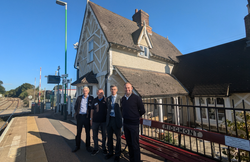 Blake Stephenson MP with Stephen Sleight from the Marston Vale CRP and volunteers at Ridgmont Station