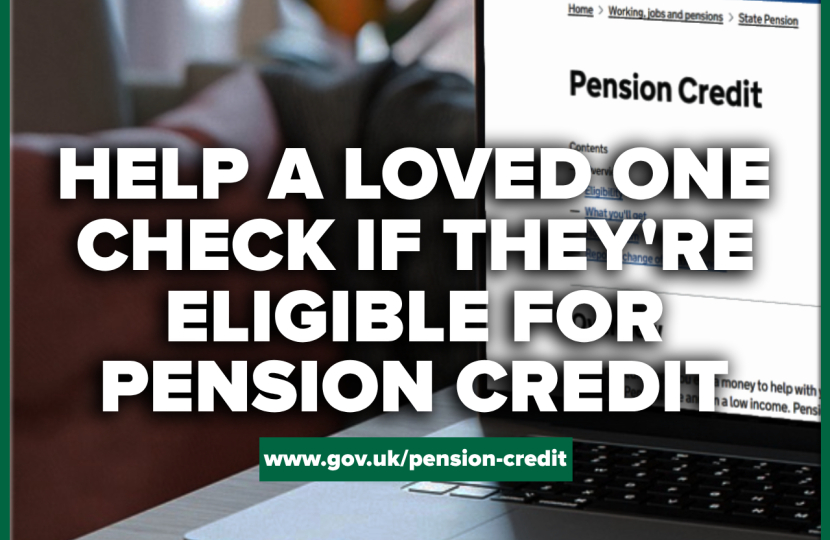 Graphic reading 'help a loved one check if they're eligible for Pension Credit' with a laptop on the Pension Credit website in the background