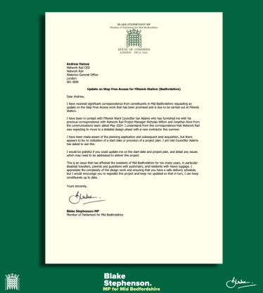 Blake Stephenson MP's letter on Flitwick station step-free access