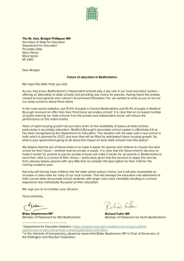 Blake Stephenson MP and Richard Fuller MP's letter to the Education Secretary on Education Tax