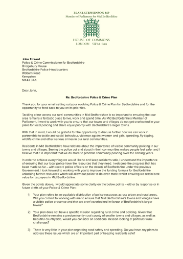 Blake Stephenson MP's letter to PCC on rural crime