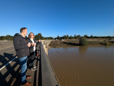 Blake Stephenson MP with Cllr Sue Clark at the A421 closure in Marston Moreteyne