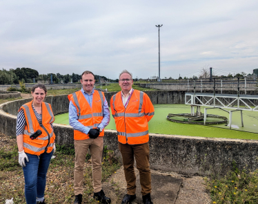 Blake Stephenson at the water treatment site in Flitwick with Anglian Water